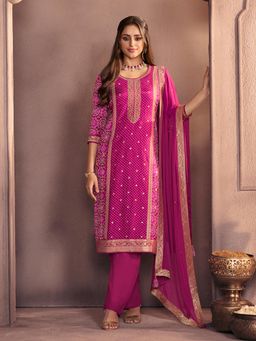 Seerat - Magenta Premium Dola Silk Jacquard Kurta With Pant & Dupatta