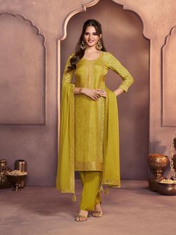 Seerat - Mustard Premium Dola Silk Jacquard Kurta With Pant & Dupatta