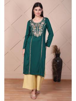 Aurelia - Women Green Embroidered Acrylic Straight Kurta