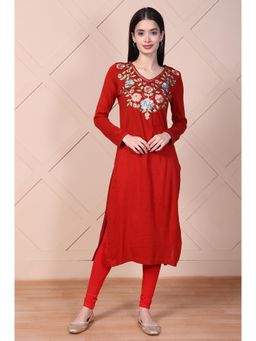Aurelia - Women Red Embroidered Acrylic Straight Kurta