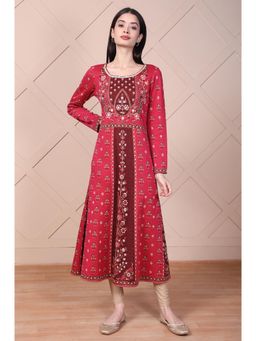 Aurelia - Women Red Floral Printed Embroidered Jacquard Flared Anarkali Kurta