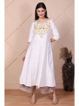 Aurelia - Women White Thread Embroidered Flared A-Line Kurta