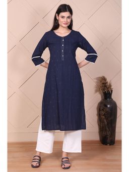 Aurelia - Women Navy Blue Textured Thread Embroidered Lurex Dobby Straight Kurta