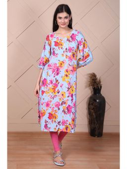 Aurelia - Women Sky Blue Floral Printed Flared A-Line Kurta