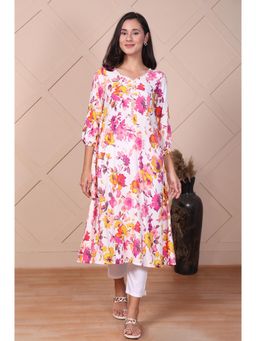 Aurelia - Women White Floral Printed Flared A-Line Kurta