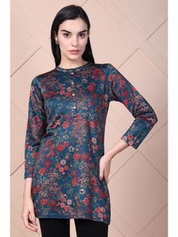 Aurelia - Women Blue Floral Printed Jacquard Straight Kurti