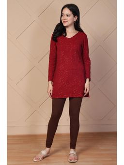 Aurelia - Women Red Embroidered Chenille Schiffler Straight Kurti