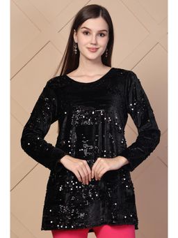 Aurelia - Women Black Embellished Printed Sequins Velvet Sequence Straight Top