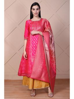 Aurelia - Women Pink Ethnic Motifs Jacquard Anarkali Kurta With Sharara & Dupatta