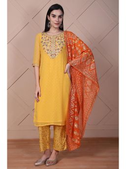 Aurelia - Yellow Embroidered Georgette Straight Kurta With Pant & Dupatta