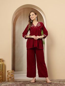 Stylum - Women Maroon Embroidered Velvet Co-Ord