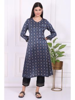 Folksong - Navy Blue Printed Modal Satin Straight Kurta