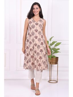 Folksong - Beige Floral Printed Pure Cotton Straight A-Line Kurta