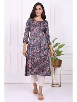 Folksong - Navy Blue Floral Printed Beadwork Modal Satin A-Line Kurta