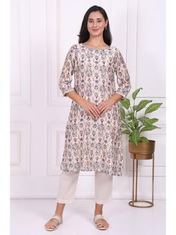 Folksong - Beige Floral Printed Thread Embroidered Cotton Silk Straight Kurta