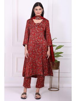 Folksong - Red Floral Printed Modal Satin A-Line Kurta With Pant & Dupatta