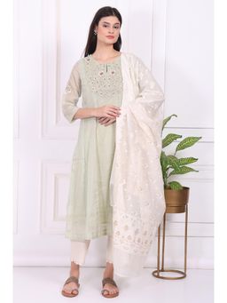 Folksong - Light Green Embroidered Silk Blend A-Line Kurta With Pant & Dupatta