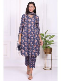 Folksong - Blue Floral Printed Pure Cotton Straight Kurta With Pant & Dupatta