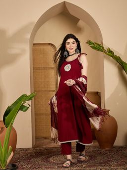 Stylum - Women Maroon Solid And Embroidered Crepe A-Line Kurta & Pant With Dupatta