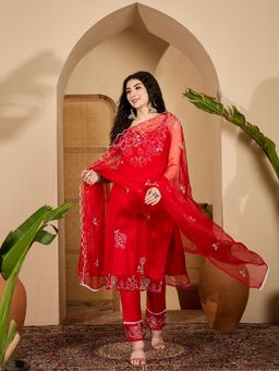 Stylum - Women Red Embroidered Organza Straight Kurta & Pant With Dupatta