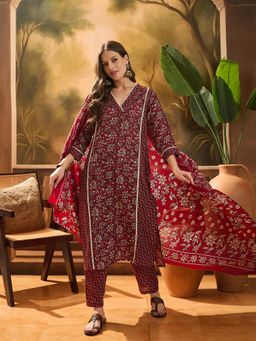Stylum - Women Red Ethnic Printed Cotton Straight Kurta & Pant With Dupatta