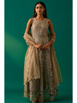WISHFUL by W - Women Beige Embroidered Anarkali Kurta With Dupatta