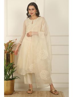 WISHFUL by W - Women White Embroidered Organza Flared Kurta With Pant & Dupatta