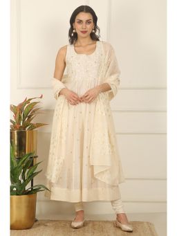 WISHFUL by W - Women White Chanderi Sleeveless Flared Kurta With Churidar & Dupatta