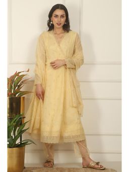 WISHFUL by W - Women Off White Embroidered Organza Angarkha Kurta With Pant & Dupatta