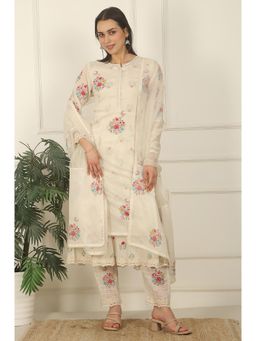 WISHFUL by W - Women White Floral Printed Mock Layered Chander Kurta With Pant & Dupatta