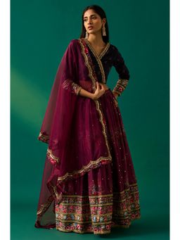 WISHFUL by W - Purple Floral Embroidered Organza Choli With Lehenga & Dupatta