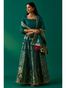 WISHFUL by W - Women Steal Green Brocade Embellished Choli With Lehenga & Dupatta