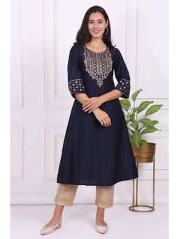 W - Navy Blue Embroidered Straight Kurta