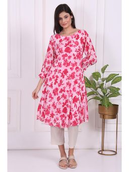W - Pink Floral Printed Cotton Crepe Curved A-Line Kurta
