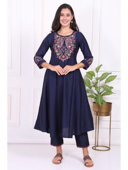 W - Navy Blue Embroidered Flared Kurta