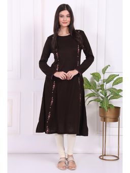 W - Brown Thread Embroidered Acrylic Flared A-Line Kurta