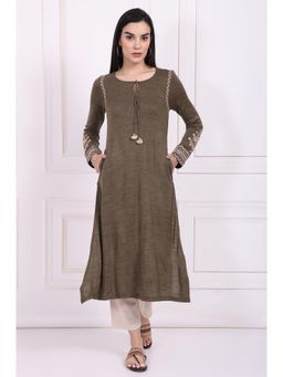 W - Olive Solid Embroidered Acrylic Straight Kurta
