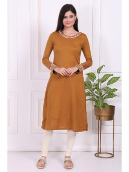 W - Mustard Solid Embroidered Acrylic Straight Kurta