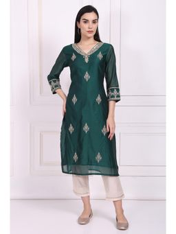 W - Green Embroidered Straight Kurta