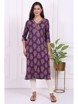 W - Purple Floral Printed Lace Rayon Straight Kurta