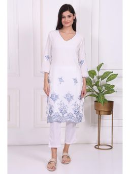 W - Blue Floral Printed Thread Embroidered Rayon Straight Kurta