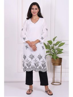 W - Black Floral Printed Thread Embroidered Rayon Straight Kurta