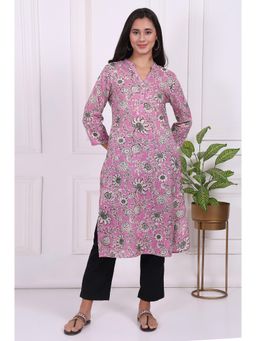 W - Pink Floral Printed Pure Cotton Straight Kurta