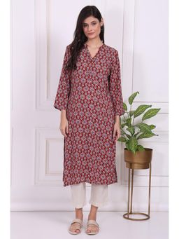 W - Red Floral Printed Rayon Straight Kurta