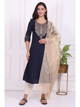 W - Navy Blue Embroidered Straight Kurta With Pant & Dupatta