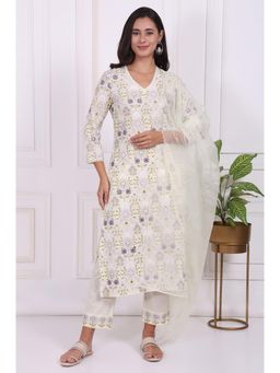 W - Embroidered Pure Cotton Straight Kurta With Pant & Dupatta