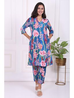 W - Blue Floral Printed Modal Straight Kurta And Pant