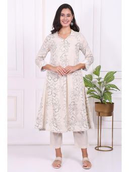 W - Off-White Floral Printed Pure Cotton A-Line Kurta With Pant