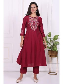 W - Maroon Embroidered A-Line Kurta And Pant