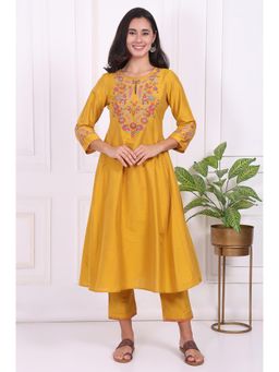 W - Yellow Embroidered A-Line Kurta And Pant